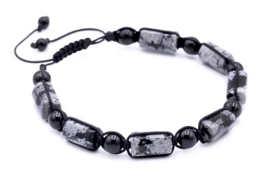 Bransoletka męska z bryłkami obsydianu śnieżnego i czarnym turmalinem na sznurku, biżuteria Brazi