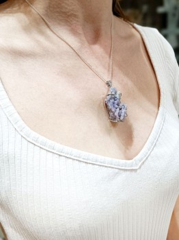 Naszyjnik Brazi Druse, Agat Winogronowy, srebro, fioletowy, surowy.