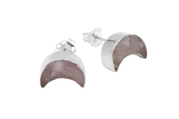 Kolczyki z kwarcem różowym w kształcie księżyca, srebrna oprawa próby 925, biżuteria Brazi.