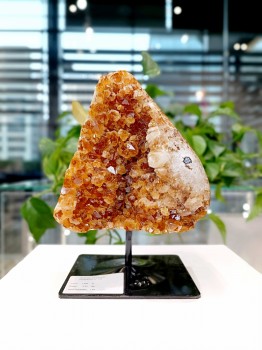 Naturalna szczotka cytrynu na czarnej podstawce, dekoracyjny minerał o intensywnym kolorze, biżuteria Brazi.