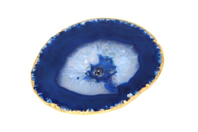 Podstawka z naturalnego agatu niebieskiego ze złoconą krawędzią, kamień dekoracyjny Brazi