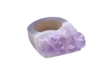 Pierścionek z surową druzą fioletowego ametystu i gładką obrączką z szarego agatu, biżuteria Brazi