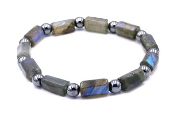 Bransoletka męska z bryłek labradorytu i hematytu, biżuteria z kamieni naturalnych Brazi.