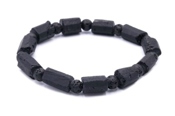 Męska bransoletka z matowych bryłek czarnego turmalinu i porowatej lawy wulkanicznej, Brazi Druse Jewelry.