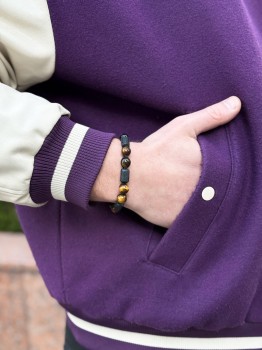 Męska bransoletka Brazi Druse z Tygrysiego Oka i turmalinu, sznurkowa, brązowo-czarna.