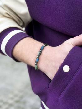 Bransoletka męska z labradorytu o niebieskich refleksach i hematytu, biżuteria Brazi.