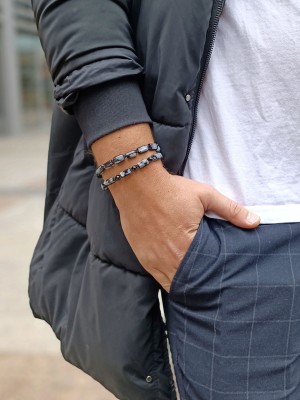 Męskie bransoletki z bryłkami czarnego obsydianu na nadgarstku, biżuteria z minerałów Brazi