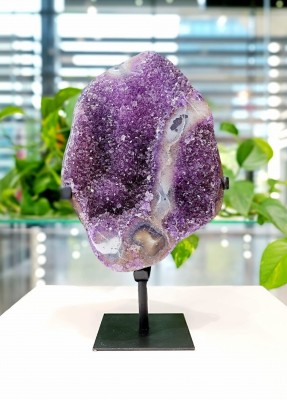 Detal fioletowych kryształów szczotki ametystu z Urugwaju, zbliżenie na naturalną geodę Brazi.