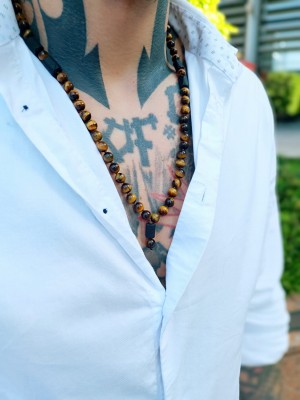 Naszyjnik Brazi Druse z Tygrysiego Oka i Turmalinu, bursztynowo-brązowy, kule i bryłki.