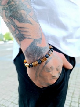 Męska bransoletka Brazi Druse z Tygrysiego Oka i lawy wulkanicznej.  Bryłki, oryginalny design.