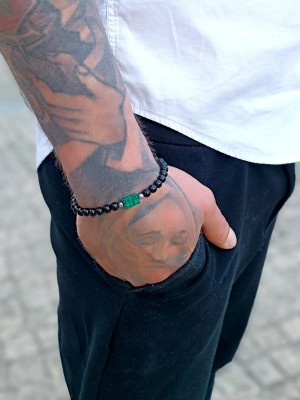 Męska bransoletka z malachitu i turmalinu, czarne koraliki, Brazi Druse Jewelry.