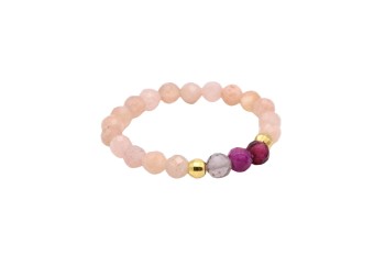 Pierścionek Zodiak Koziorożec: różowy kwarc, akcenty granatowe i fioletowe.