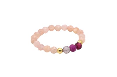 Pierścionek Zodiak Koziorożec: różowy kwarc, akcenty granatowe i fioletowe.