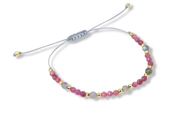 Bransoletka z kamieni naturalnych turmalinu i labradorytu na beżowym sznurku, biżuteria Brazi