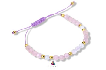 Bransoletka z kwarcu różowego i kamienia księżycowego na fioletowym sznurku, marka Brazi.