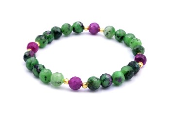 Bransoletka z naturalnego fasetowanego zoisytu i rubinu ze złotymi przekładkami, biżuteria marki Brazi.