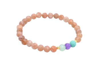 Bransoletka na gumce z brzoskwiniowych i kolorowych kamieni naturalnych ze złotymi dodatkami, biżuteria Brazi