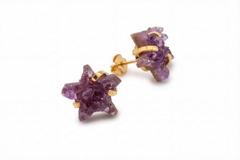Kolczyki sztyfty z ametystową druzą w kształcie gwiazdek, biżuteria z kamieni naturalnych Brazi.