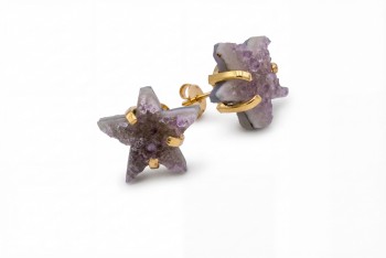 Srebrne pozłacane kolczyki z ametystową druzą w formie gwiazdki, marka Brazi