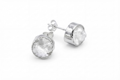 Kolczyki sztyfty z naturalnym kryształem górskim w formie druzy, oprawa ze srebra, biżuteria Brazi