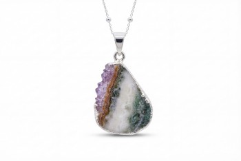 Srebrny naszyjnik z fioletowym ametystem w kształcie kropli, wisior na ozdobnym łańcuszku Brazi