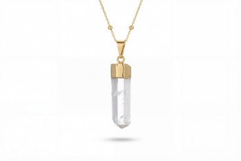 Naszyjnik z kryształem górskim w szlifie obelisku ze złoconą oprawą, wisior na łańcuszku Brazi
