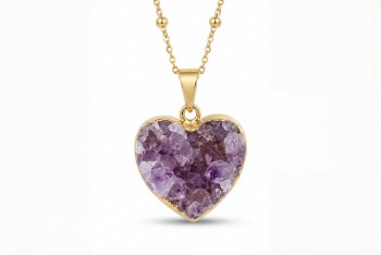 Złocony naszyjnik z sercem z jasnofioletowego ametystu, naturalna druza kryształowa, biżuteria Brazi