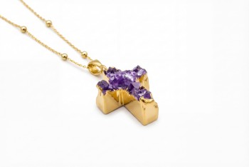 Naszyjnik Ametyst Druza Krzyż złocony
