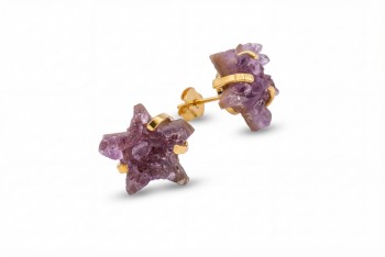 Kolczyki sztyfty gwiazdki z fioletową druzą ametystu, ręcznie wykonana biżuteria Brazi.