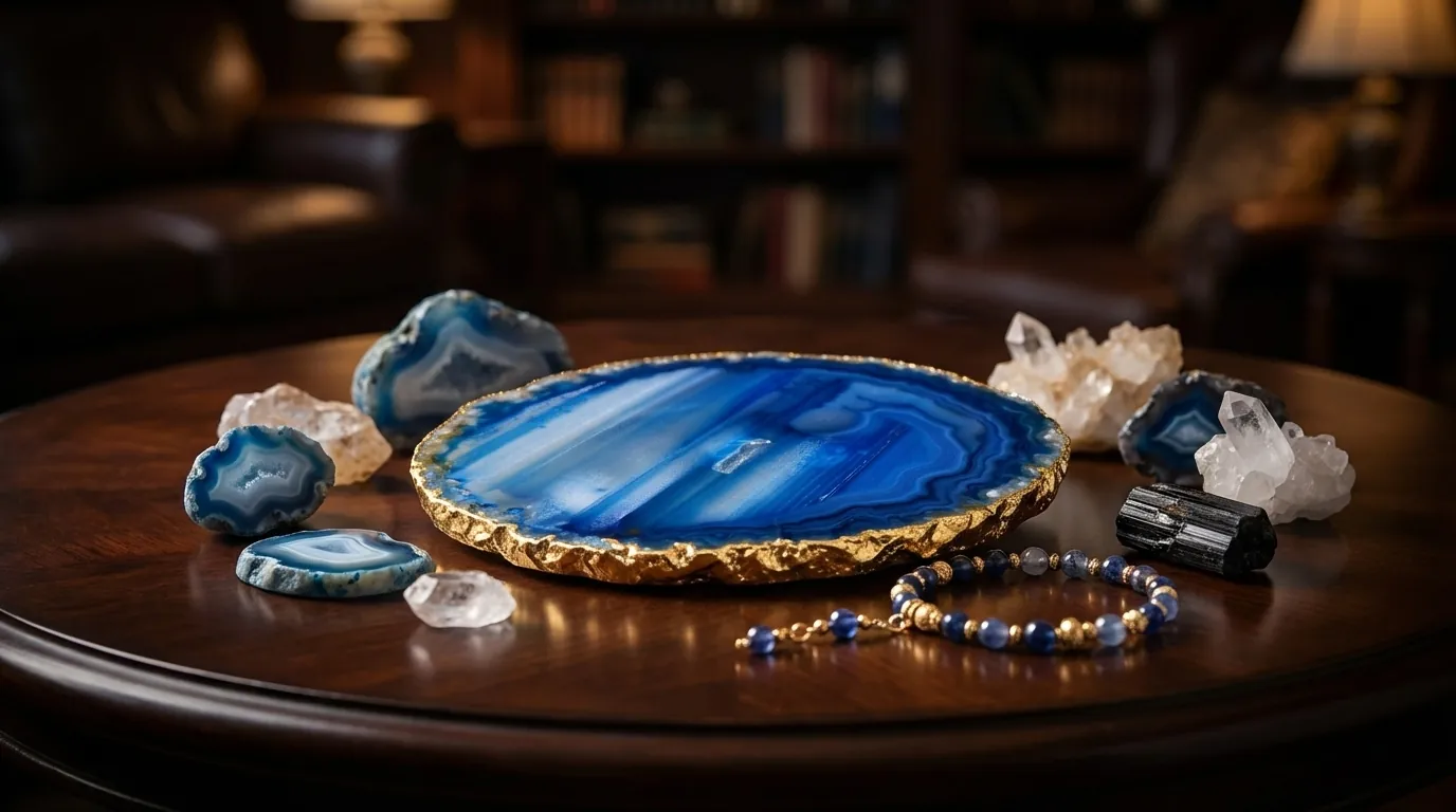 Eleganckie podstawki z agatu ze złoconymi brzegami na stoliku kawowym