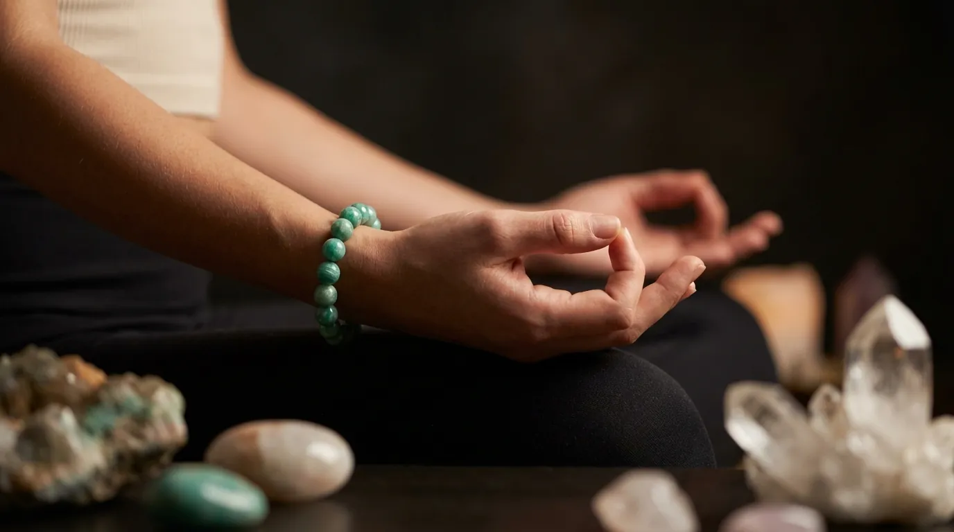 Kobieta nosząca bransoletkę z amazonitu podczas medytacji