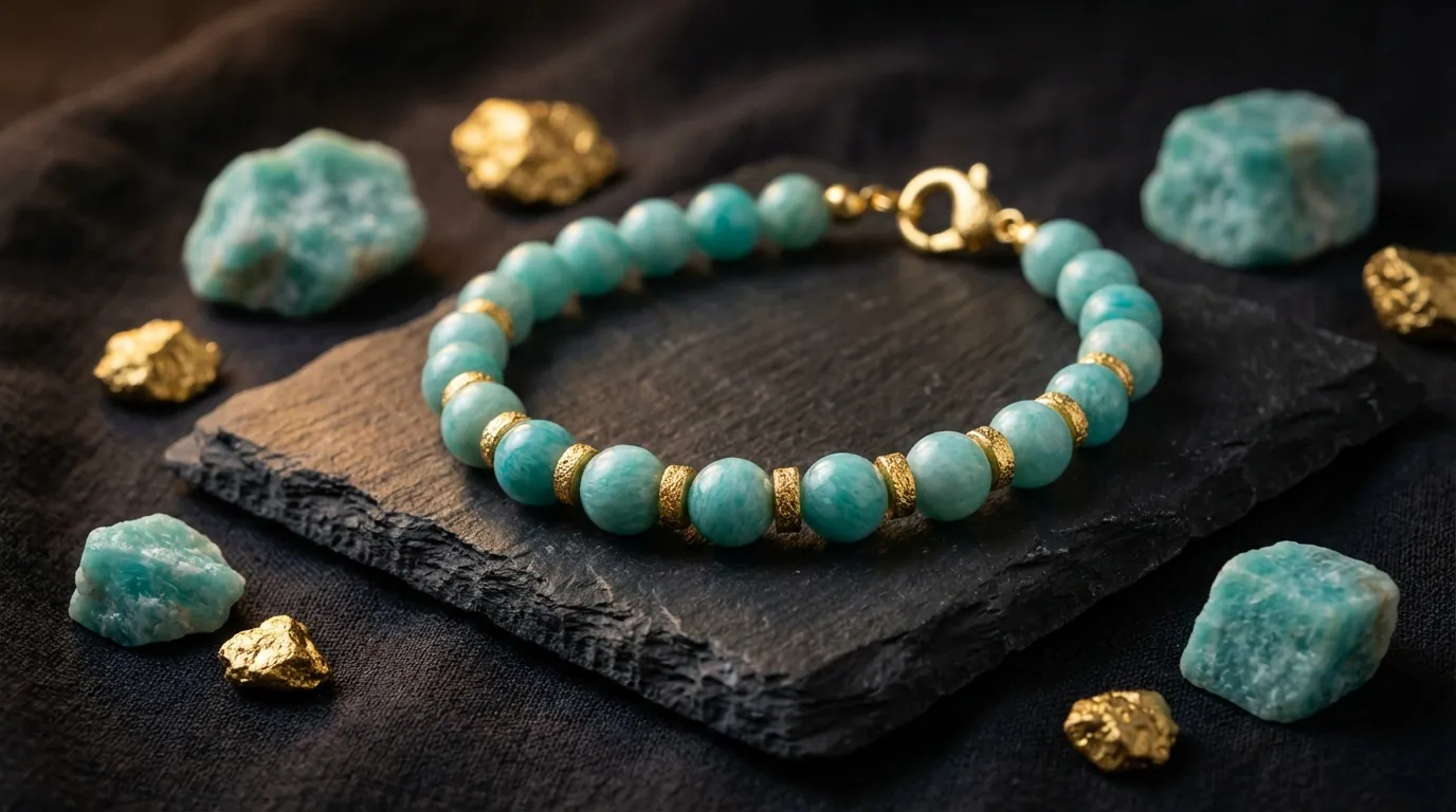 Ręcznie robiona bransoletka z amazonitem i złotymi detalami