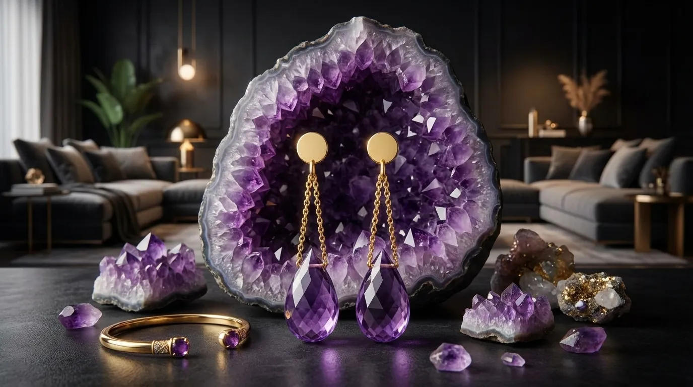 Ogromna geoda ametystowa w eleganckim, nowoczesnym salonie