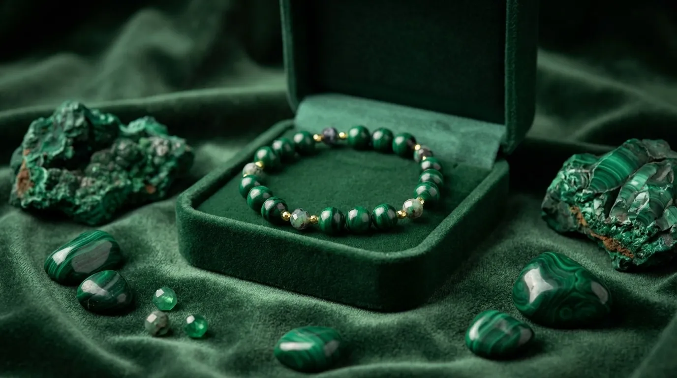 Różne klasy jakościowe malachitu zestawione obok siebie