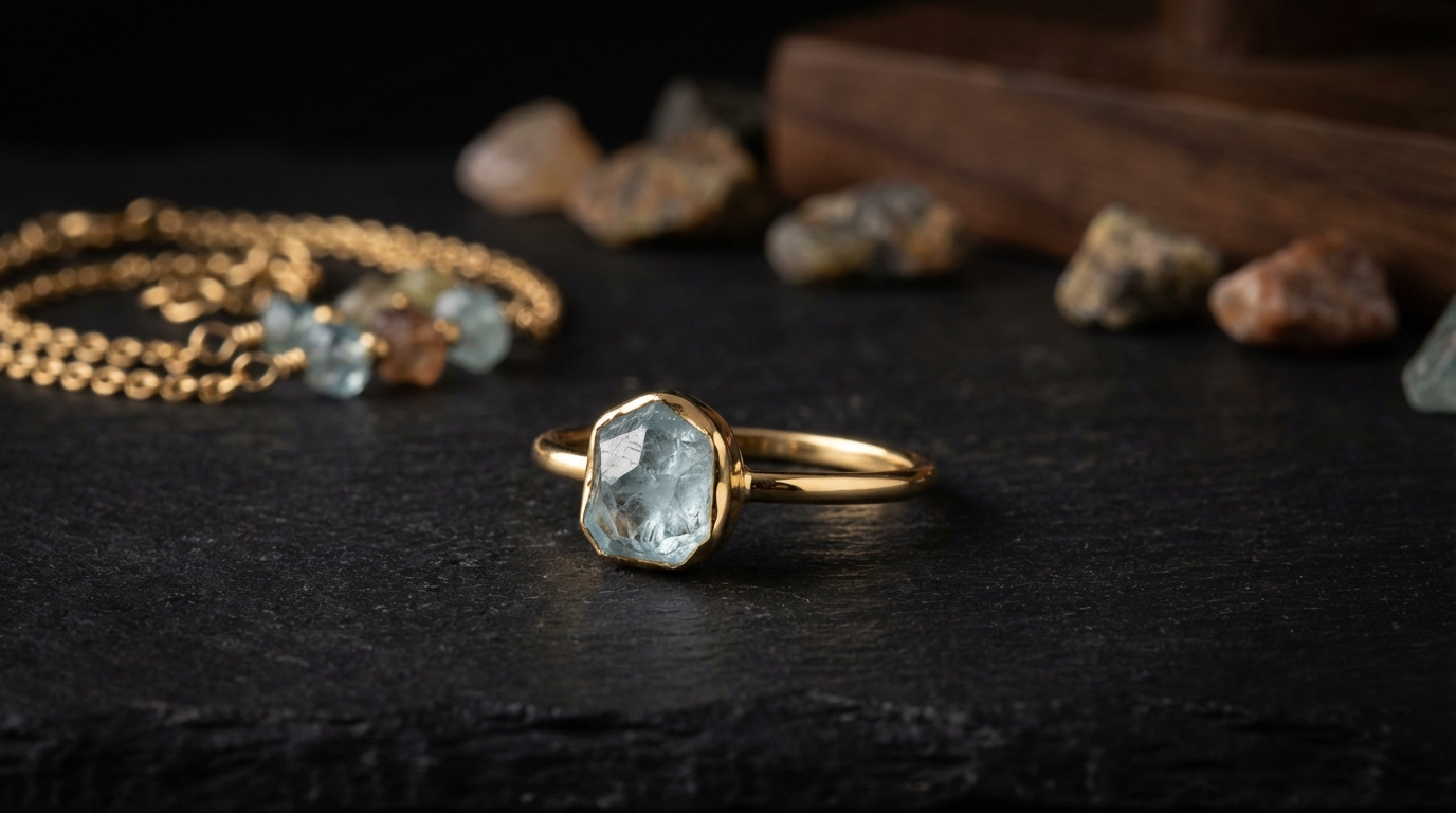 Delikatny pierścionek z surowym akwamarynem w złotej oprawie