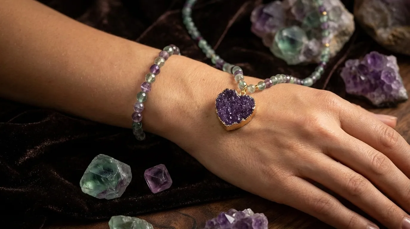 Kobieta nosząca delikatną bransoletkę z fioletowym i zielonym fluorytem na nadgarstku