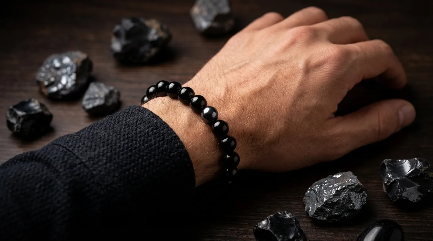 Mężczyzna noszący bransoletkę z hematytu