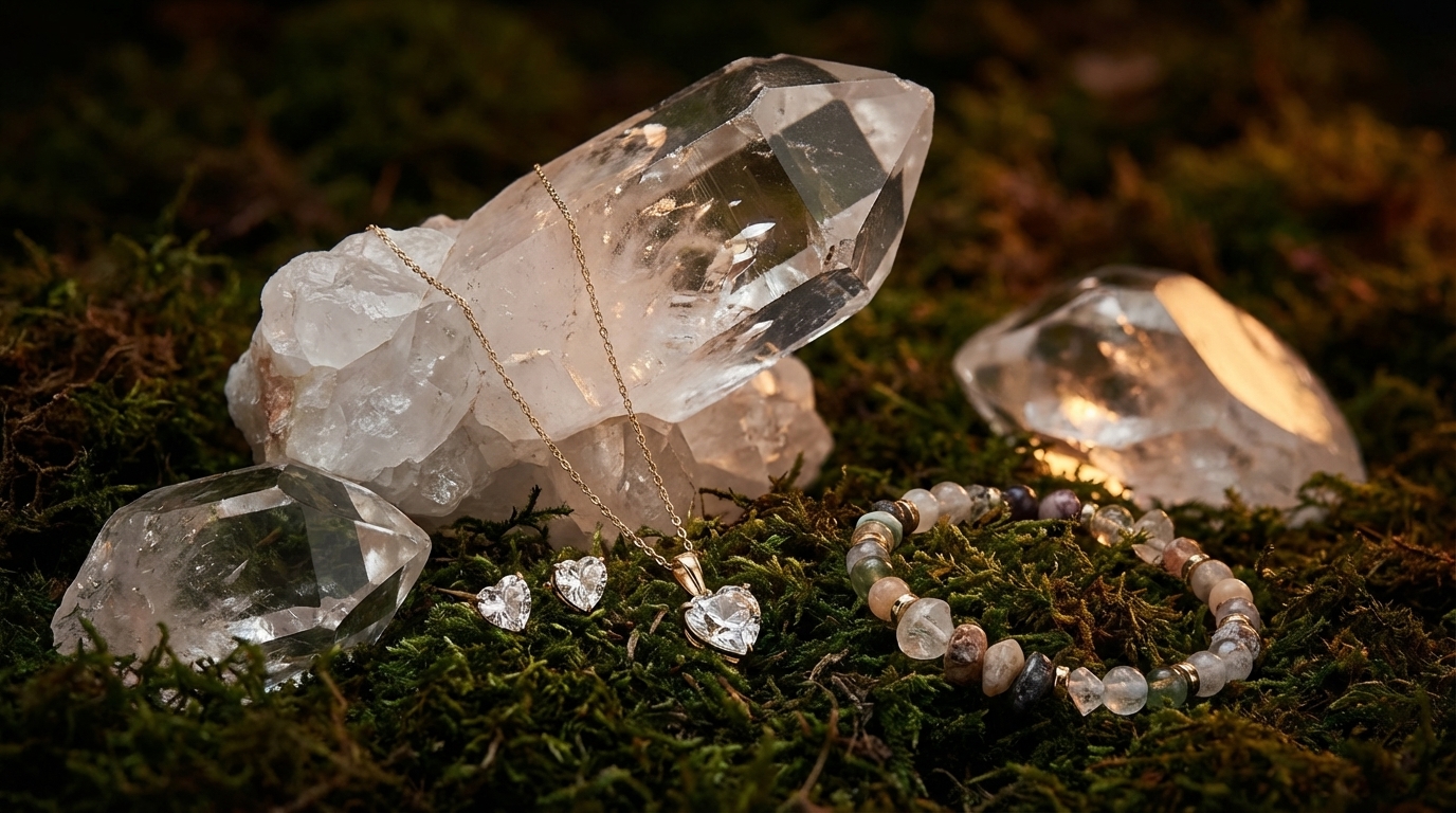 Surowy i oszlifowany kryształ górski leżący na mchu