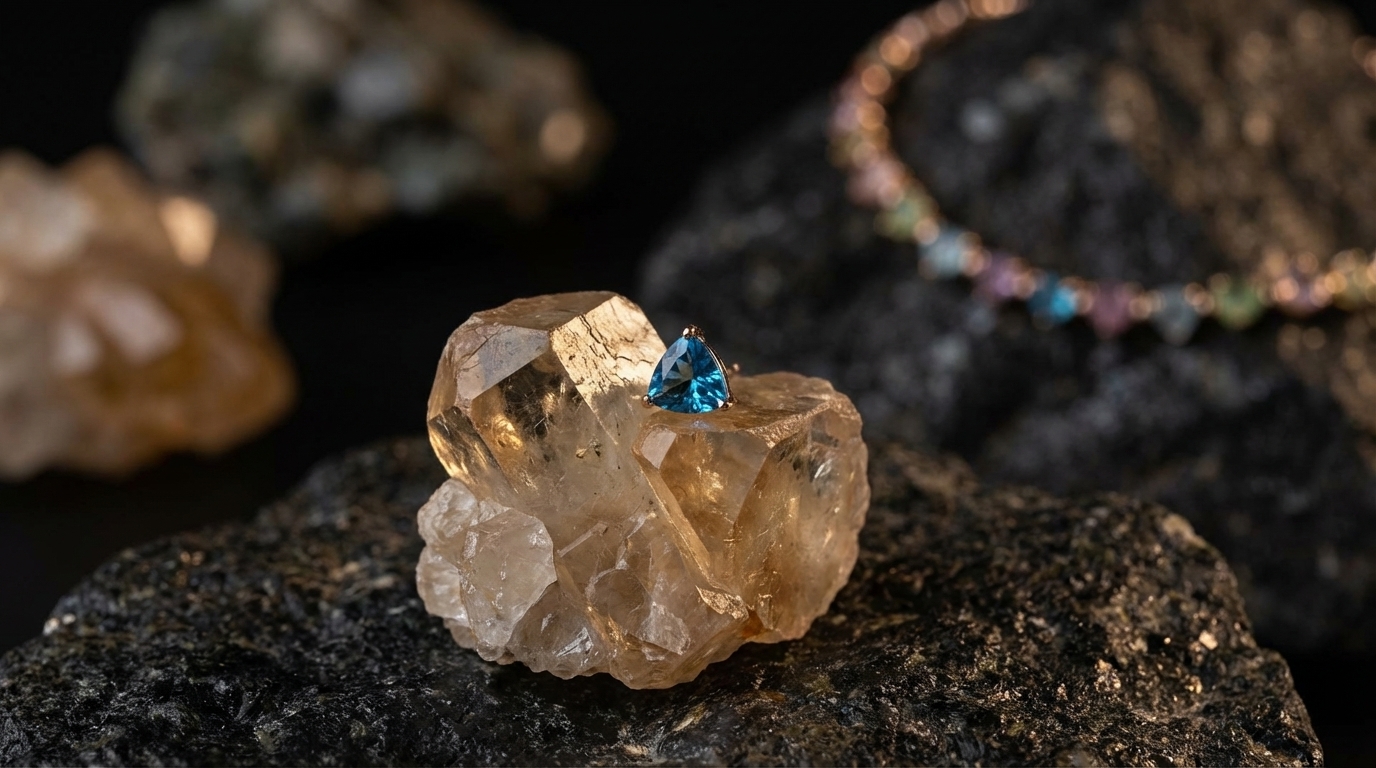 Surowy kamień topaz w naturalnej formie na tle skały pegmatytowej