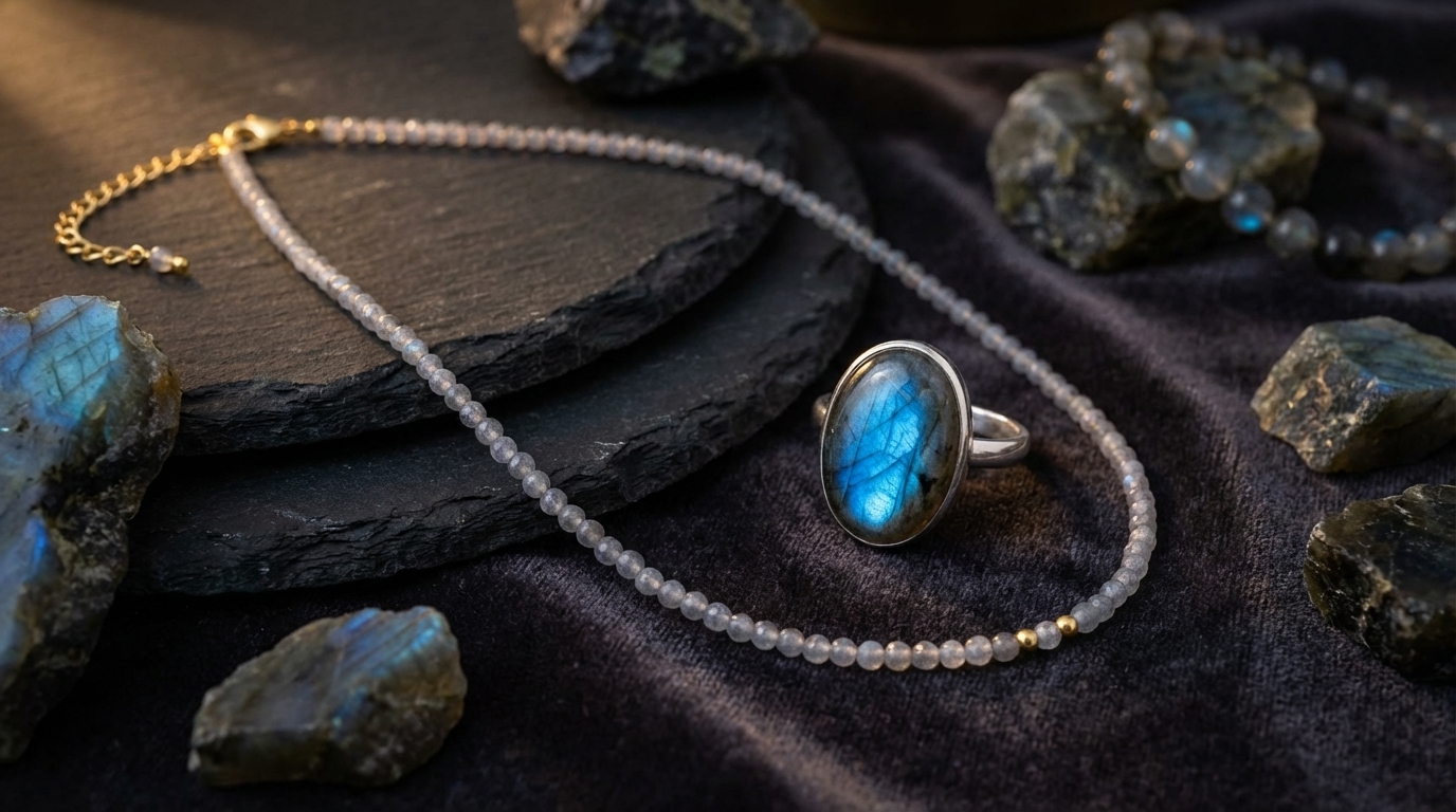 Srebrny pierścionek z naturalnym labradorytem o niebieskim ogniu