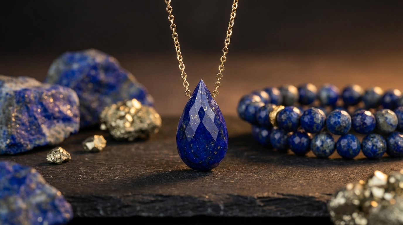 Szlifowany lapis lazuli z widocznymi drobinami złotego pirytu