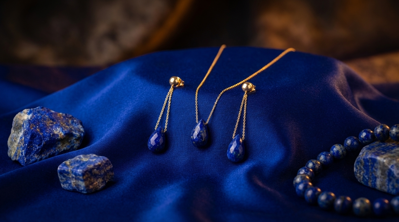 Naszyjnik z lapis lazuli na tle jedwabnej tkaniny