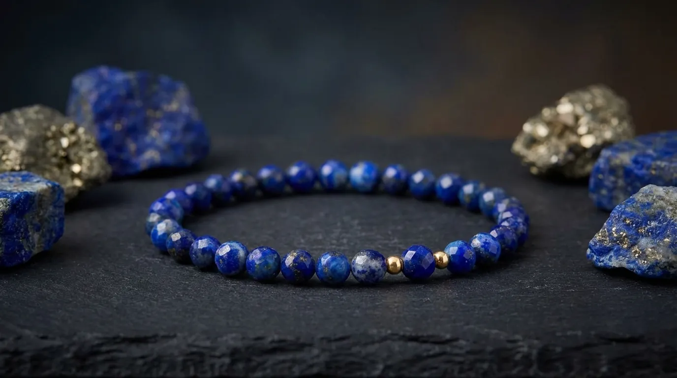 Bransoletka z drobnych kamieni lapis lazuli ze złotymi przekładkami
