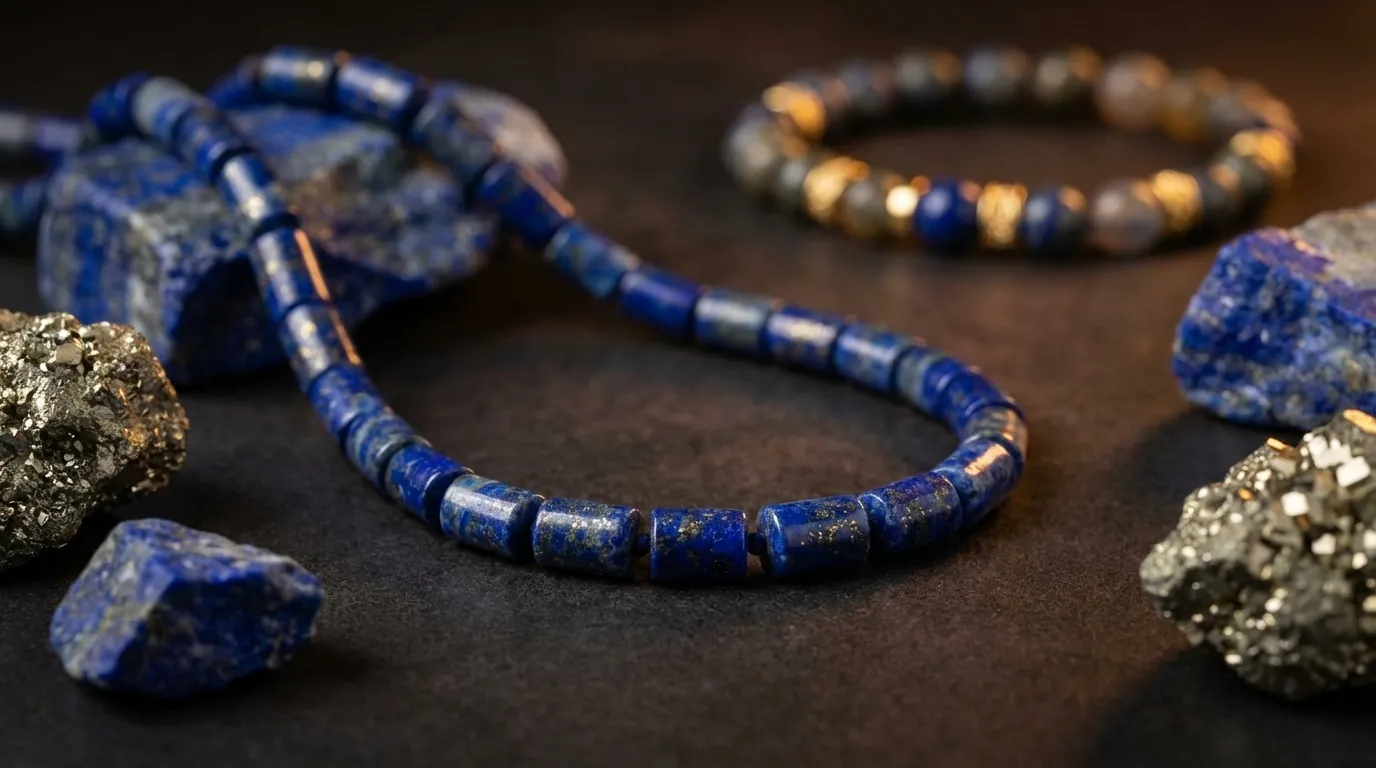 Detaliczne ujęcie koralików lapis lazuli ze złotym pirytem