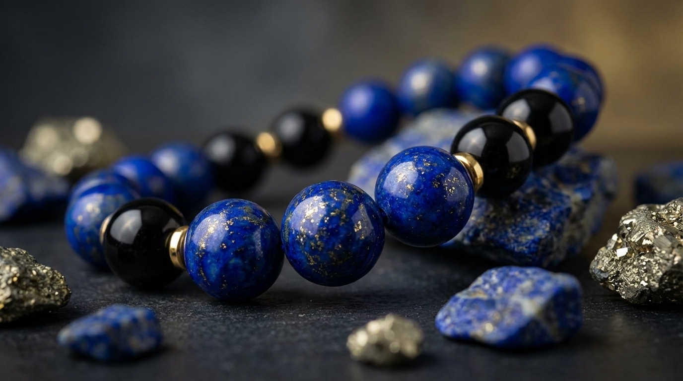 Zbliżenie na strukturę kamienia lapis lazuli w naszyjniku, widoczne złote drobiny pirytu i głęboki błękit lazurytu