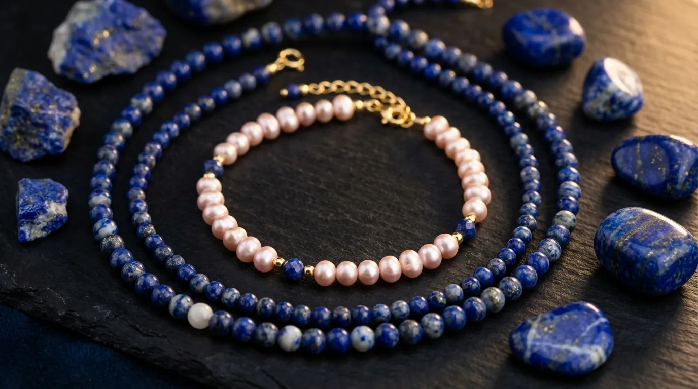 Różne warianty naszyjników z lapis lazuli pokazujące różnorodność wybarwienia i inkluzji