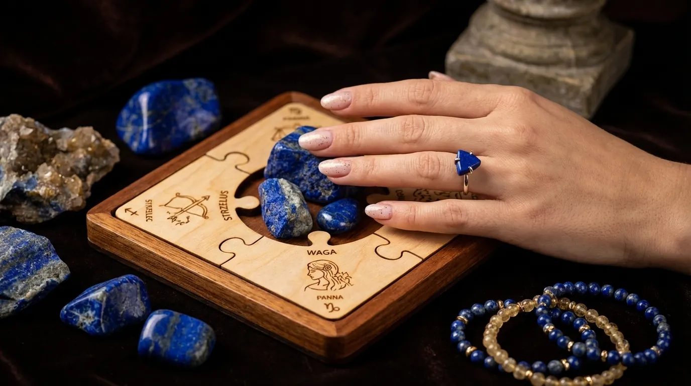 Układanka zodiakalna ze Strzelcem, Wagą i Panną wokół bryły lapis lazuli