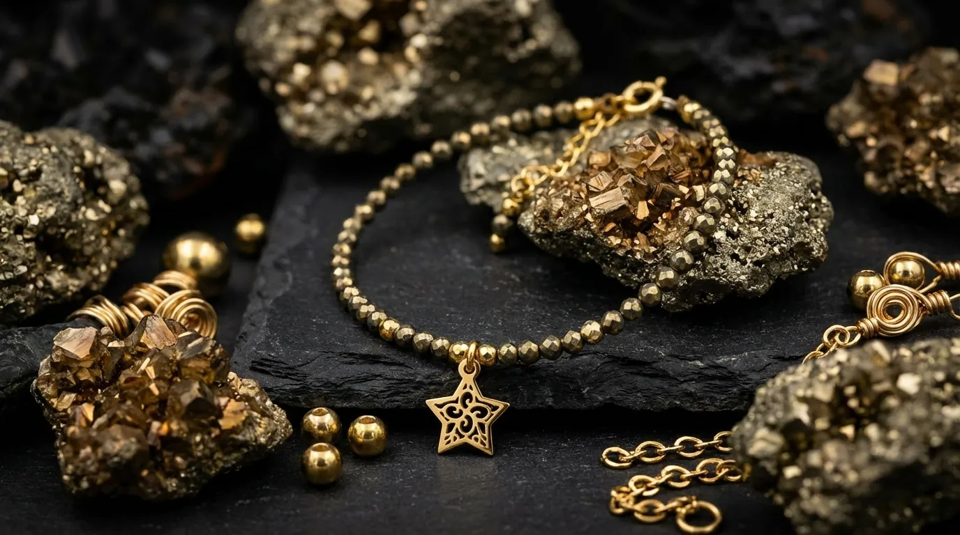 Kompozycja kamieni pirytu z elementami biżuteryjnymi