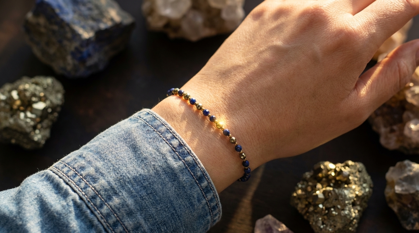 Elegancka piryt bransoletka na nadgarstku w świetle słonecznym