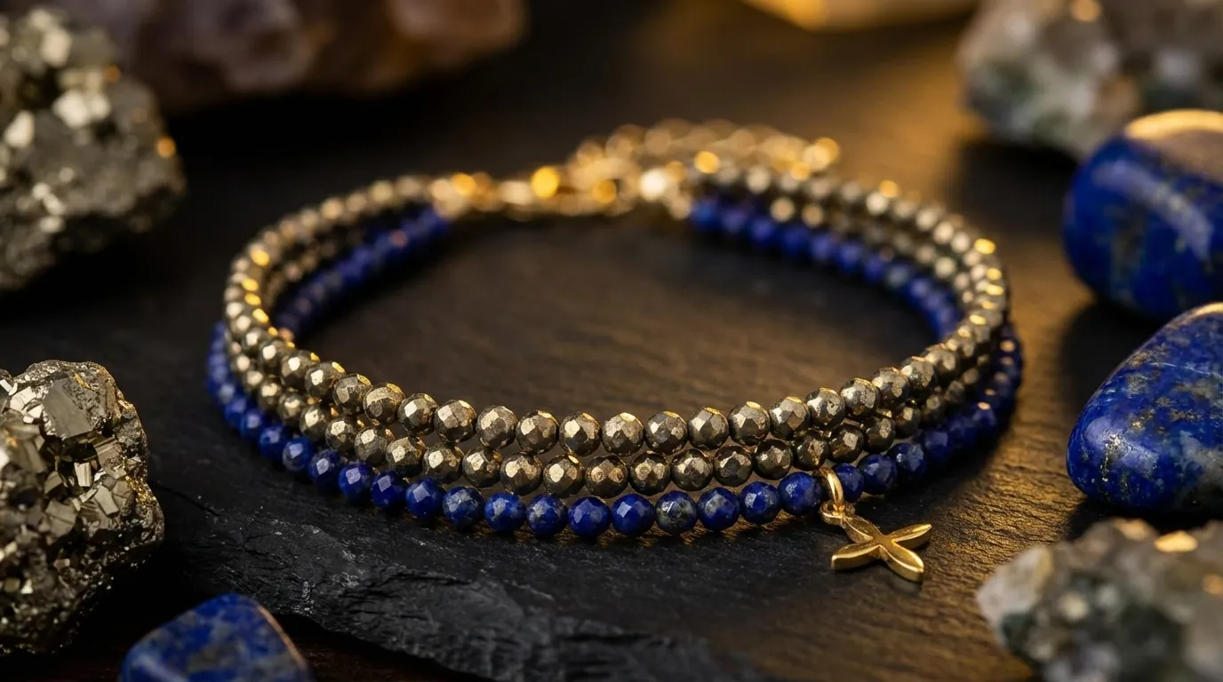 Zbliżenie na fasetowane koraliki pirytu w bransoletce